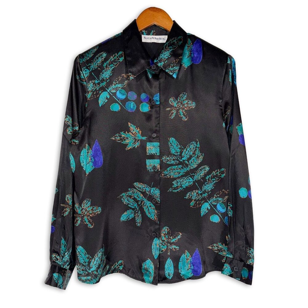 Vtg Norton McNaughton 90s Satin Botanical Blouse Black Teal Leaf Print Top L